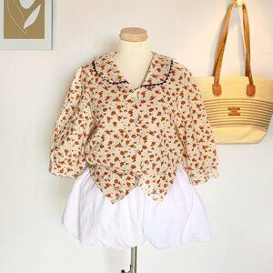 Cream Rust Floral Button Up Cropped Blouse